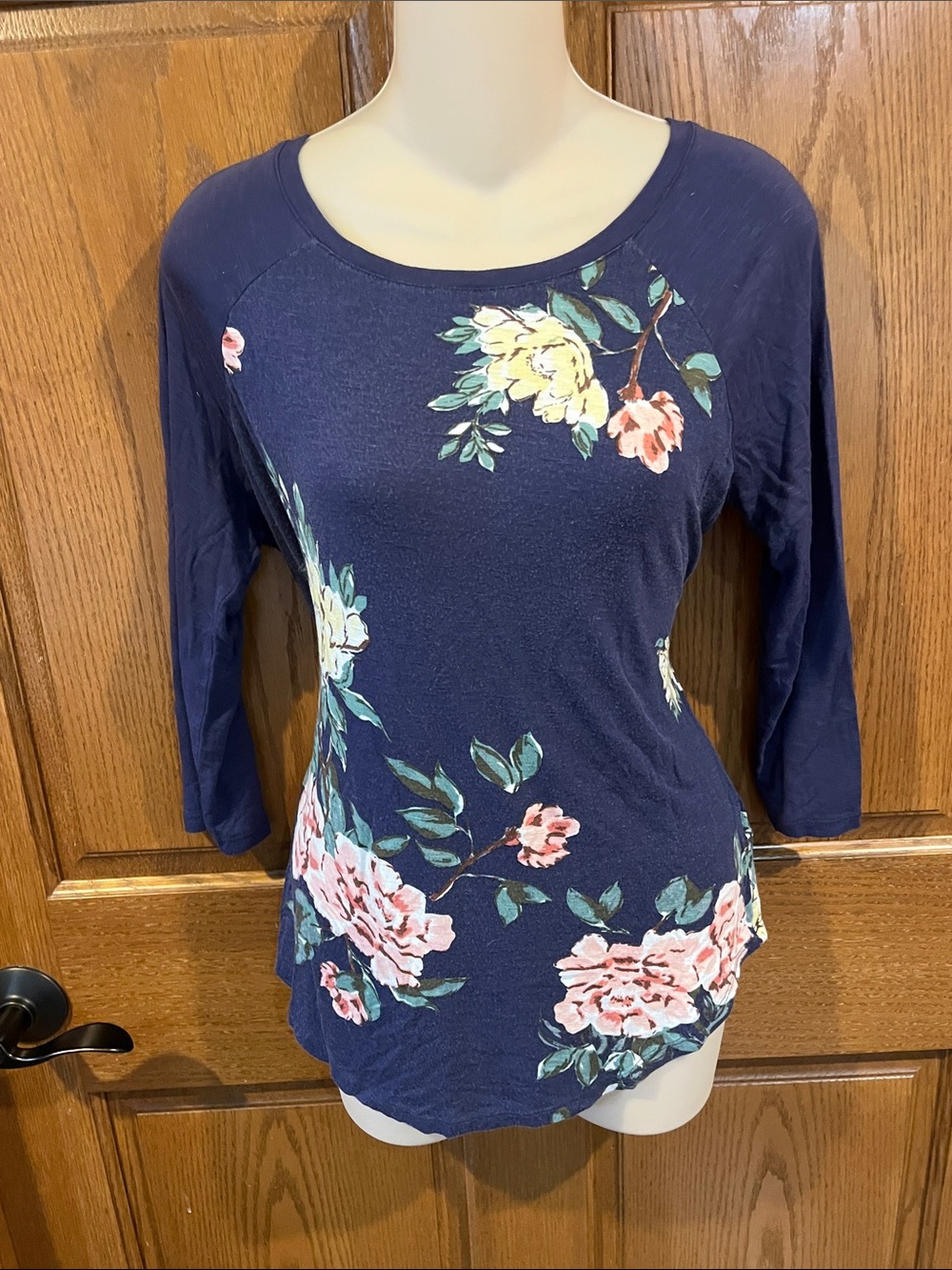 24/7 Maurice’s Navy Floral Scoop Neck Long Sleeve Tee with Pink & Cream Accents